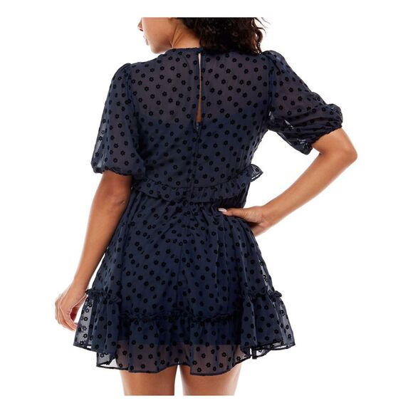 B DARLIN Womens Zippered Lined Pouf Sleeve V Neck Mini Party Baby Doll Dress - Picture 2 of 2